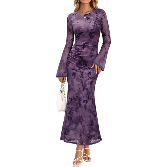 Zesica Women's Tie Dye Purple Ruched Mesh Long Sleeve Floral Bodycon Dress - Picture 1 of 5
